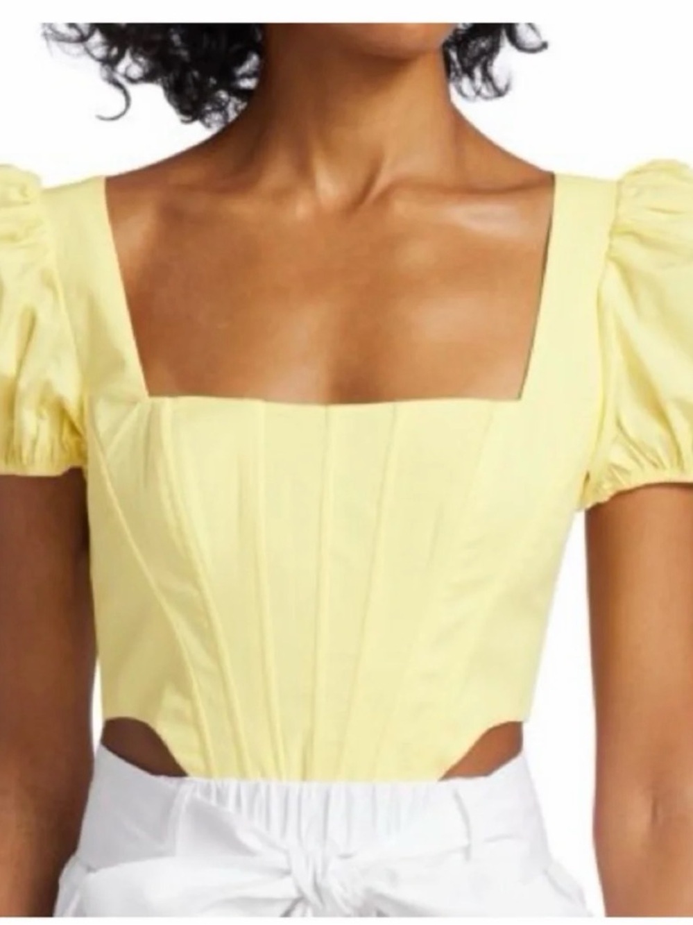 STAUD Pale Yellow Square-Neck Puff Sleeve Corset Top